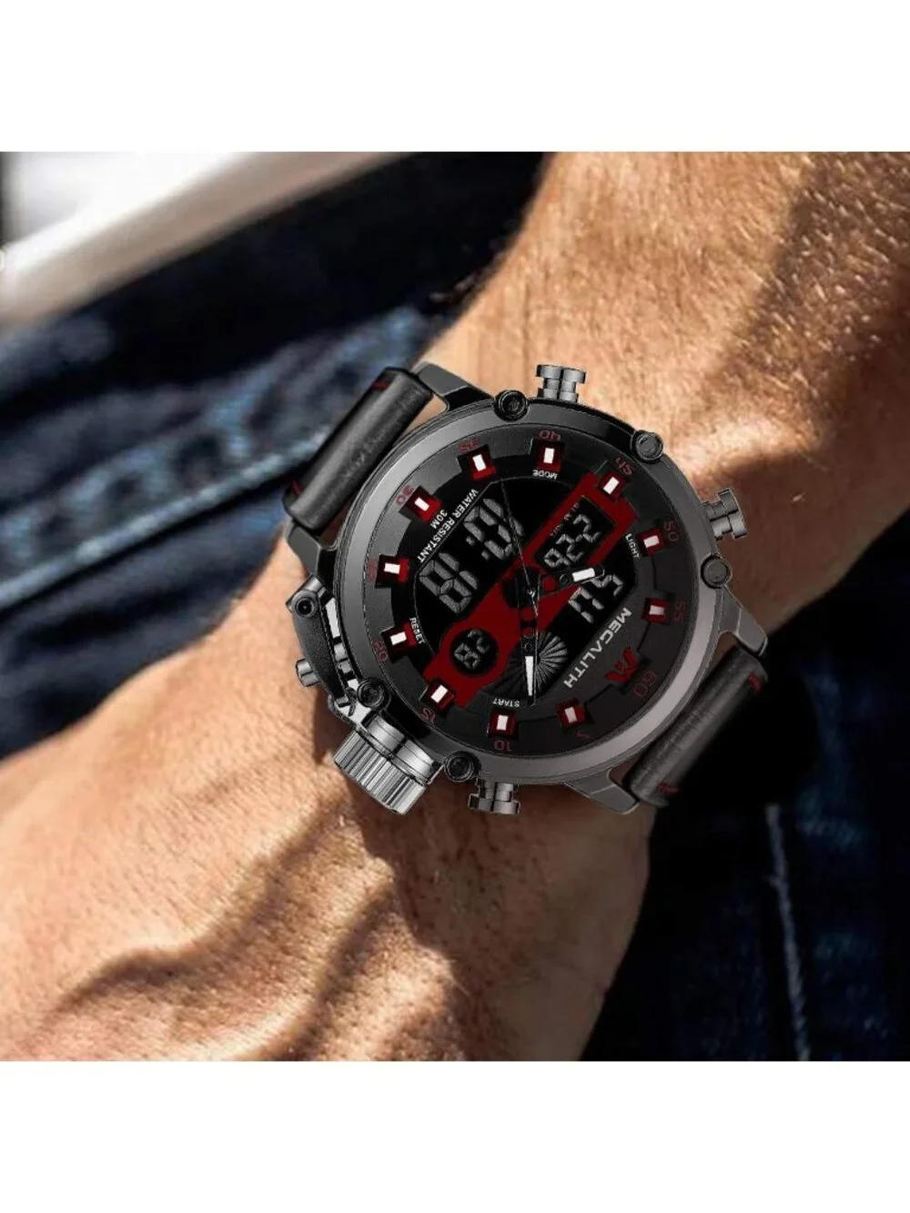 Men's Black And Red Analog Leather Strap Waterproof Multifunction Digital Watch